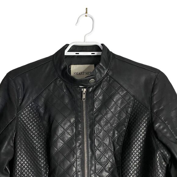 Smart Set Women's Black Faux Leather Full Zip Quilted Biker Jacket - Picture 2 of 8